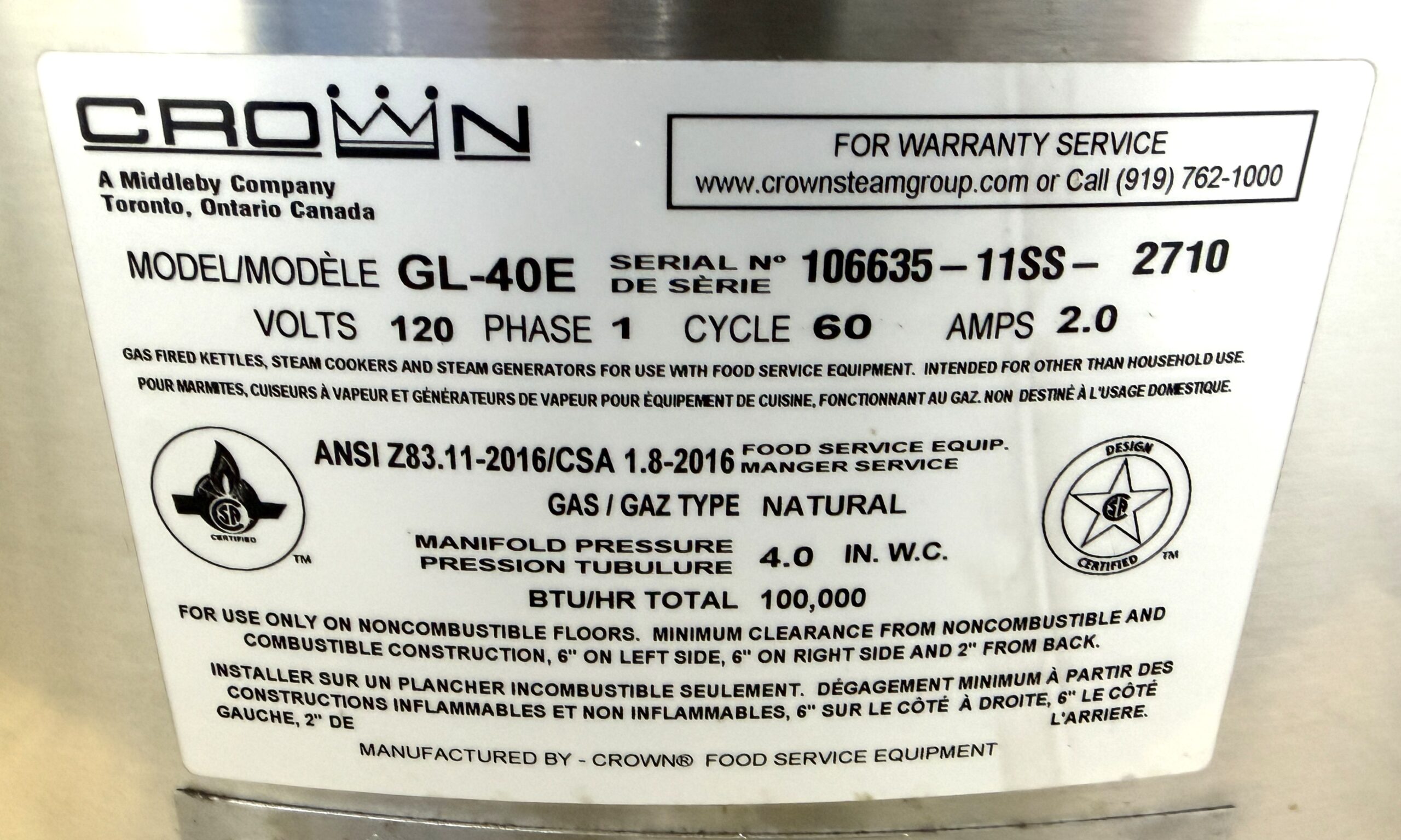 2022 Model Crown GL-40E Stationary 40 Gallon Natural Gas Kettle (NEW OPEN BOX) - Image 14